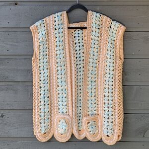 Handmade Crochet Long Line Vest Swim Coverup Pastel Orange White Blue